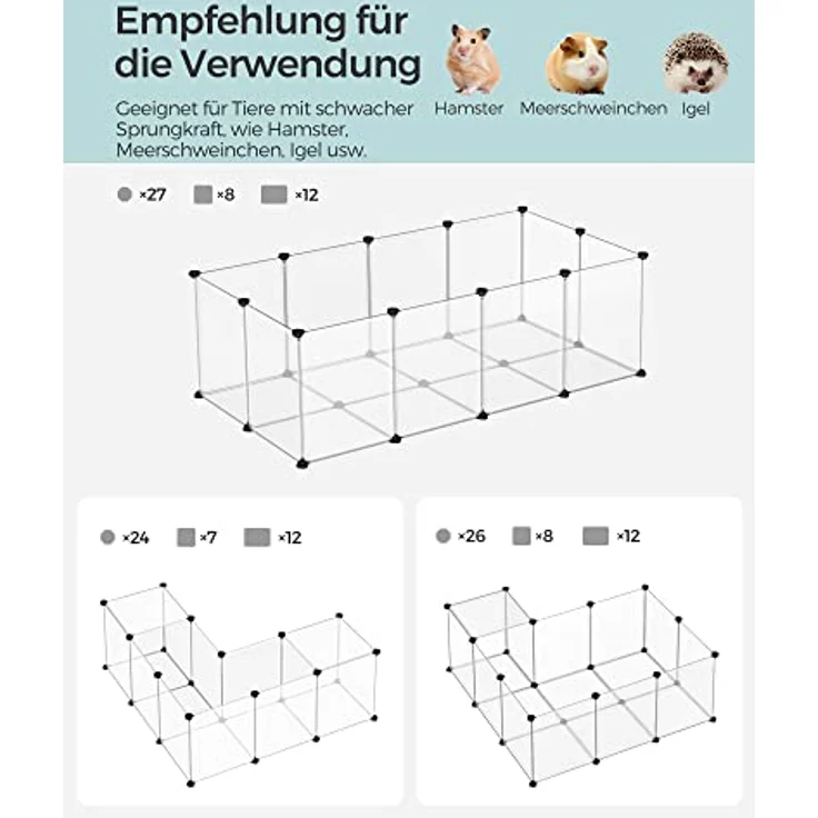 SONGMICS Freigehege mit Bodenplatten, Laufstall, Meerschweinchen Gehege, aus Kunststoff, Gehege für Hamster, Kaninchen, Igel, 143 x 73 x 46 cm, weiß LPC02W – Bild 3