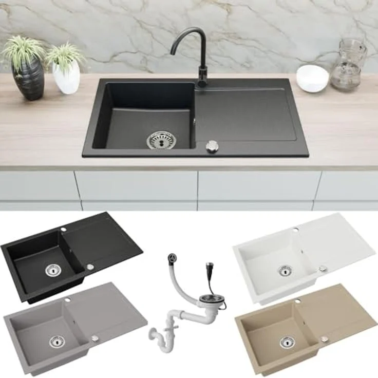 Faizee Home Granitspüle „Element“, 90x50 cm, eckig, mit Abtropffläche, reversibel montierbar, kratzfest, hitzebeständig, in Schwarz/Grau/Beige/Weiß – Bild 1