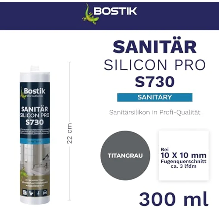 BOSTIK S730 Sanitär Silikon Pro, 300ml, geruchslos und elastisch, Titangrau – Bild 2