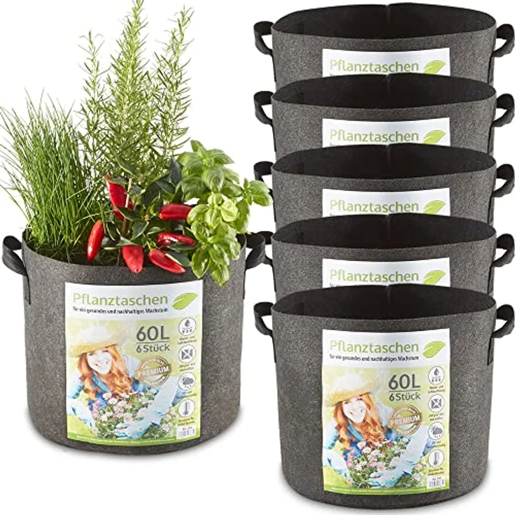 Zooprinz Pflanzkübel Pflanzsack Pflanztaschen 6er Set, 30L und 60L, 260 g/m² Vliesstoff, UV- und witterungsbeständig, mit Wasserabfluss-System
