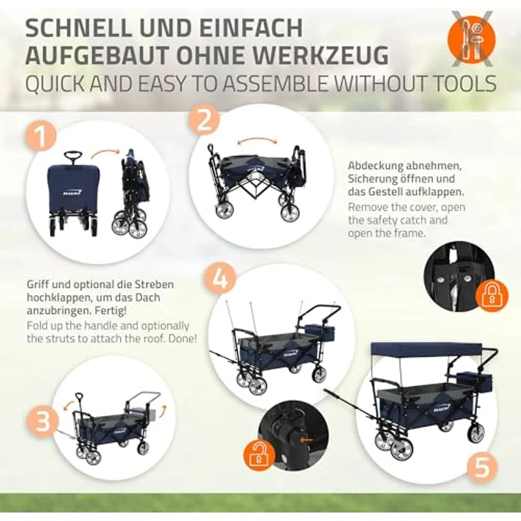 Hauki Bollerwagen XXL faltbar mit Dach, Blau-Grau, 360° drehbare Vorderräder, PU Räder mit Bremsen, Tragkraft 150 kg – Bild 4