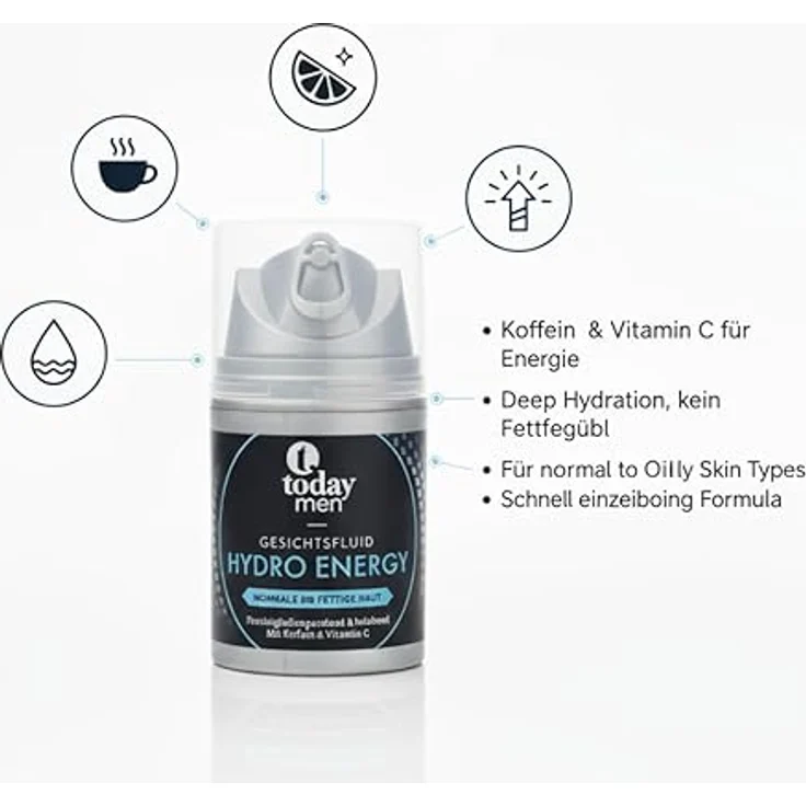 Today Men Hydro Energy Gesichtsfluid, 50ml, mit Koffein & Vitamin C, für normale bis fettige Haut, feuchtigkeitsspendend und schnell einziehend – Bild 3
