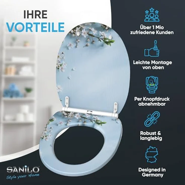 Sanilo WC Sitz mit Absenkautomatik Top Fix Sakura, bruchfester Holz-Sitz mit antibakterieller Beschichtung und bequemen Komfort, 46-48 cm verstellbar – Bild 2