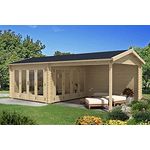 Alpholz Gartenhaus Freiburg-44 aus Massiv Holz, Freizeithaus, Blockhaus 44 mm Wandstärke, Garten Holzhaus Terrasse, Überdachung, Sitzecke Größe: 755 x 399 cm mit 2 Falttüren