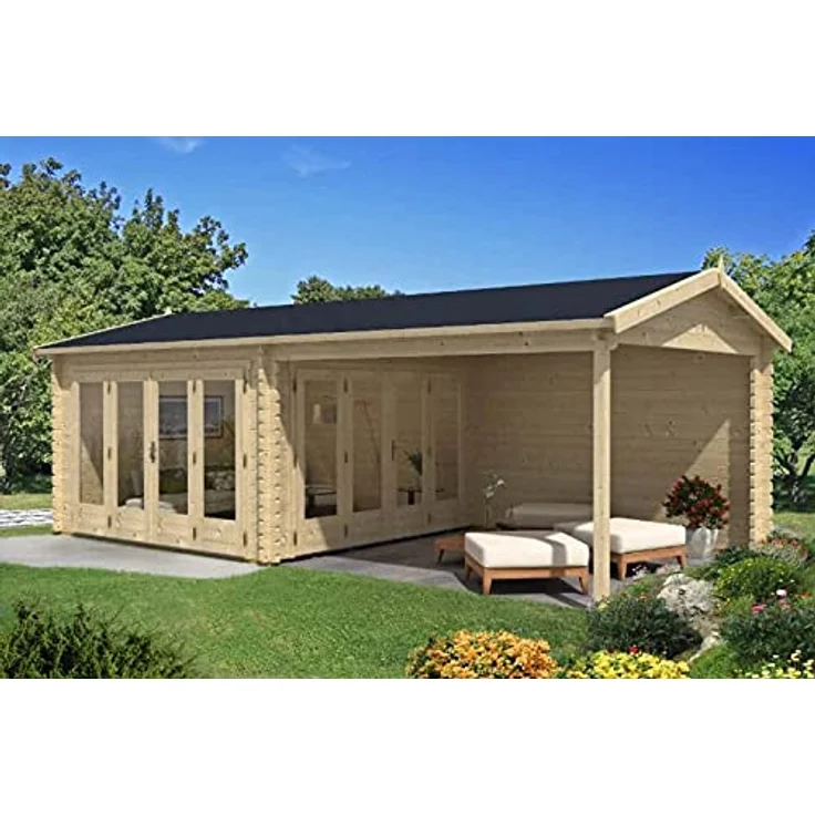 Alpholz Gartenhaus Freiburg-44 aus Massiv Holz, Freizeithaus, Blockhaus 44 mm Wandstärke, Garten Holzhaus Terrasse, Überdachung, Sitzecke Größe: 755 x 399 cm mit 2 Falttüren – Bild 1