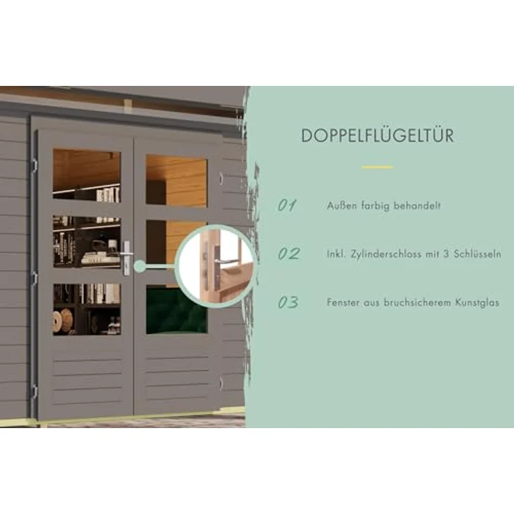 CHILLROI® Karibu Gartenhaus Pentus, lichtdurchflutetes Flachdach-Design aus nordischer Fichte, verschiedene Größen, terragrau, XL, inklusive Anbaudach – Bild 4