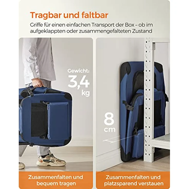 Feandrea Hundebox faltbar, Transportbox Hund, Größe L, Hundetasche, Oxford-Gewebe, Netzstoff, atmungsaktiv, tragbar, transportabel, Metallrahmen, mit Griffen, Taschen, 70 x 52 x 52 cm, dunkelblau – Bild 3