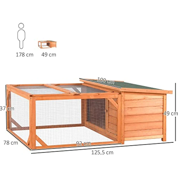 Pawhut Kleintierstall Zwergkaninchenstall mit öffenbarem Asphaltdach Kleintierkäfig Outdoor Indoor Hinterhof wetterbeständig Tannenholz Orange+Grün 125,5 x 100 x 49 cm – Bild 3