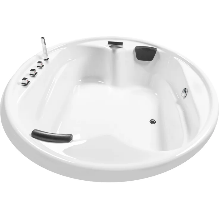 Basera® Podest-Badewanne XXL Gomera Rund für 2 Personen, 182 x 182 cm, Hochglanz Weiß mit LED-Farblichtambiente und gepolsterten Kopfstützen