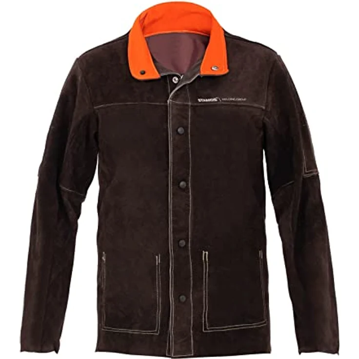 Stamos Welding Schweißerjacke Arbeitsjacke Schweißerschutzjacke SWJ01XL (Größe XL, Rinderleder, flammfest, hitzebeständig, stromschlagisolierte Druckknöpfe) Dunkles Khaki – Bild 3