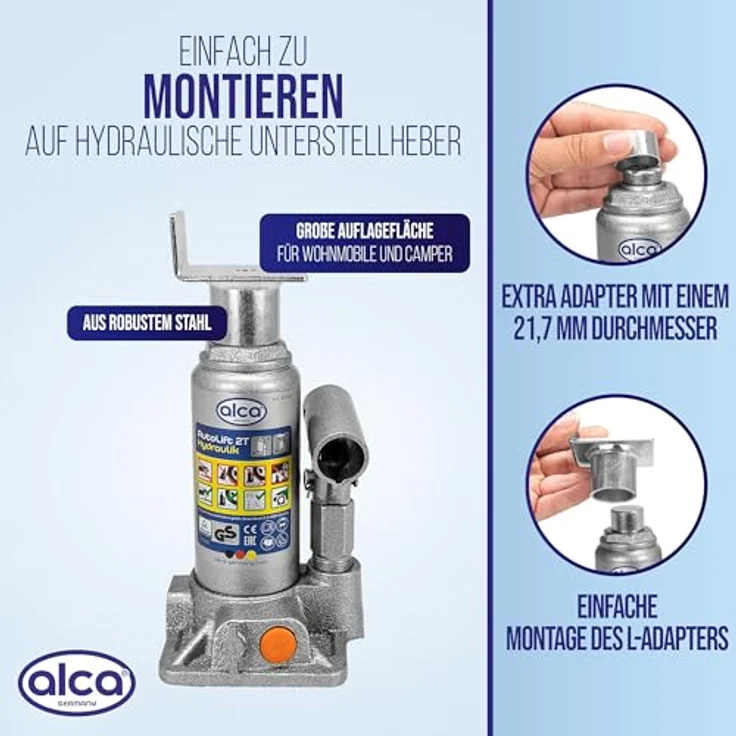 alca® Hydraulischer Wagenheber 2t im Koffer, Stempelwagenheber aus Stahl mit L-Adapter, Hubhöhe 158–308 mm, für PKW, SUV, Caravan, silber-grau – Bild 8