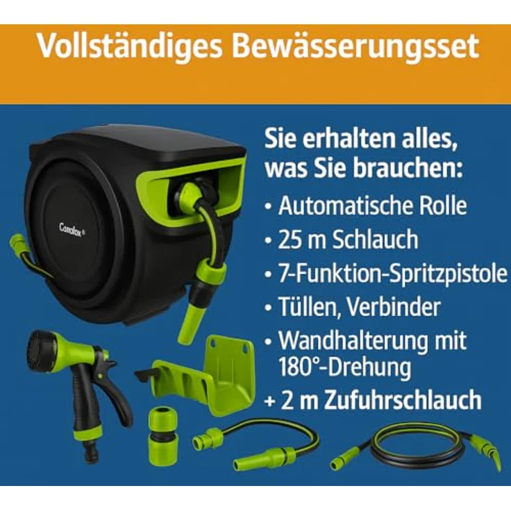Gardlov Schlauchtrommel 25 m, Gartenschlauch mit 180° Wandhalterung, Komplettset mit Spritzpistole und Schlauchverbinder 25509 – Bild 4