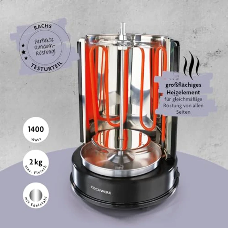 Rachs KOCHWERK Dönergrill für Zuhause | Vertikaler-Multigrill für Fleisch-, Fisch- & Veggie-Variationen | Rotisserie mit 360°-Rotation & großflächigem Heizelement | Mittelspieß & 6 Schaschlik-Spieße - Preisvergleich – Bild 2