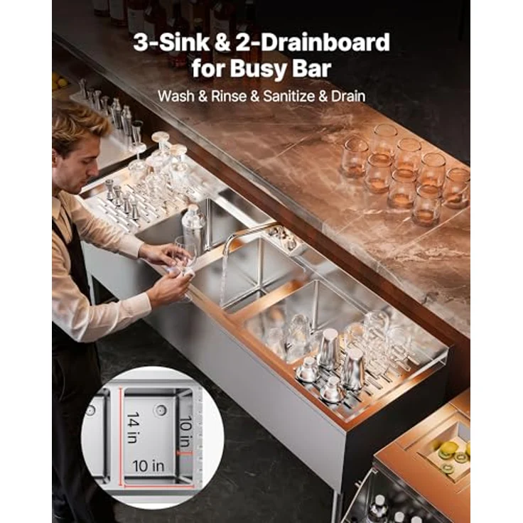 VEVOR Edelstahl Spülbecken mit 3 Becken & 2 Abtropfflächen, Spritzschutz, Wasserhahn, 1524 x 470 x 838 mm, für Restaurants und Privaten Gebrauch – Bild 4