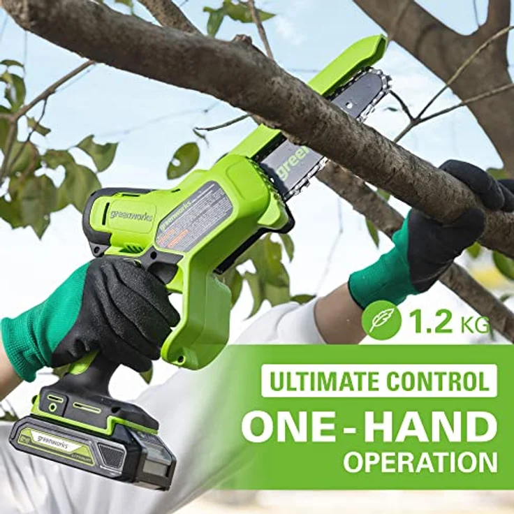 Greenworks G24MCS10K2, 24 Volt Mini Akku Kettensäge mit 450 Watt, Akku und Ladegerät, leicht und handlich – Bild 8