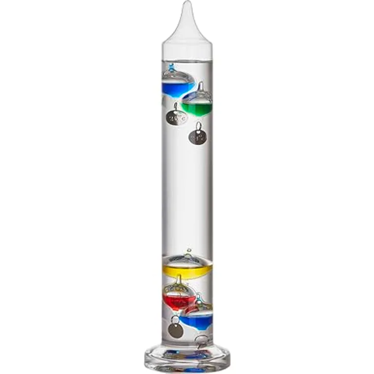 TFA Flüssigkeitsthermometer Galileo Galilei, Transparentes Thermometer und Hygrometer mit bunten Auftriebskörpern, Temperaturbereich 18 °C – 26 °C