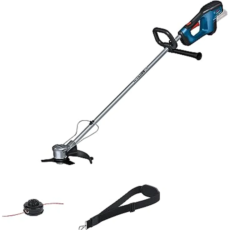 Bosch Professional 18V System Akku-Freischneider GFR 18V-23 (bürstenloser Motor, Schnittkreisdurchmesser 23 cm, 1x Fadenspuleneinheit, 1x Schultergurt, Freischneidermesser-Set, Pflanzenschutzbügel)