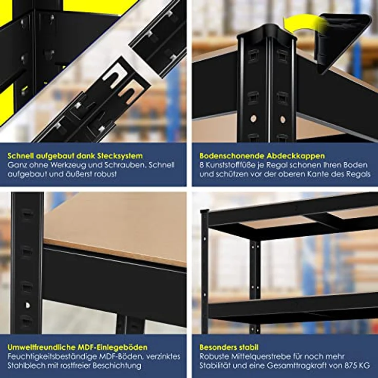MASKO 2er-Set Lagerregal Schwerlastregal, Kellerregal , bis 875 kg belastbar, 5 verstellbare Ablagen, MDF-Platten Regal aus Metall, Steckregal, Werkstattregal, Keller, Garage 2x 180x90x40cm 5-Böden, 2x Schwarz 875kg – Bild 4