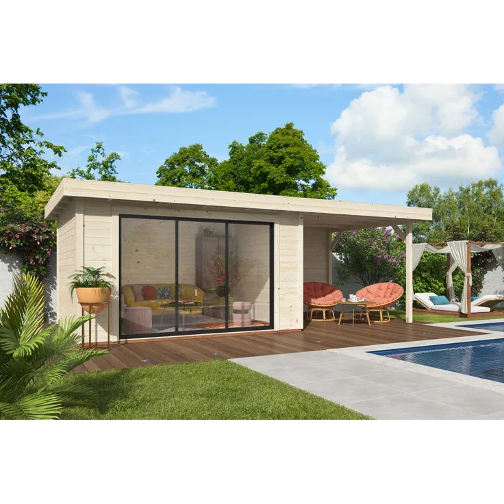 Finn Art Blockhaus Gartenhaus Aktion 46 Plus, Flachdach 6x3m, 28mm Wände, abschließbare Schiebetür, ohne Fußboden, ohne Dacheindeckung