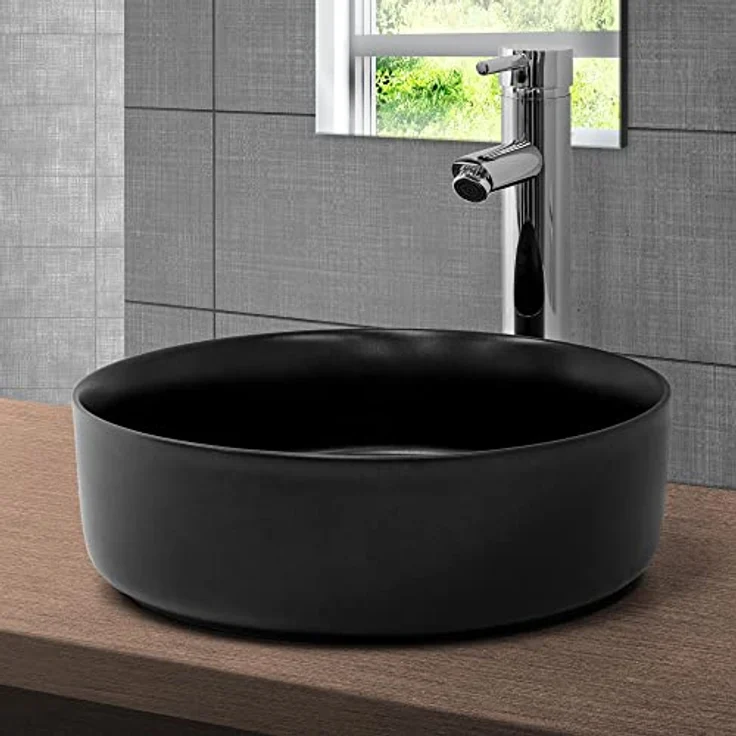LuxeBath Aufsatzwaschbecken aus Keramik, Schwarz, Ablaufgarnitur ohne Überlauf, für Badezimmer/Gäste-WC – Bild 2