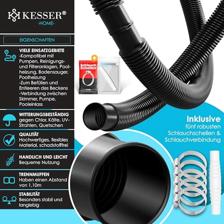 KESSER Poolschlauch | Schwimmbadschlauch mit Muffen | Solarschlauch für Pool und Schwimmbecken | Saugschlauch | Pumpenschlauch | Flexibler Wasserschlauch Schwarz, Länge 10m ( Ø 32 mm ) – Bild 2
