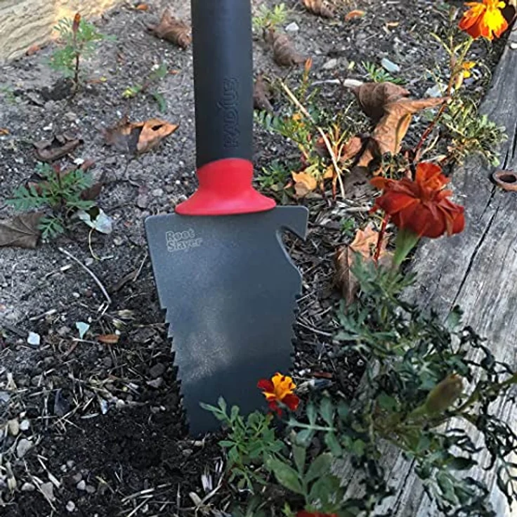 Root Slayer® Blumenkelle Radius Handschaufel, V Klinge mit Zähnen zum Wurzelschneiden, multifunktional aus Kohlenstoffstahl, mit Nylonholster, 32,5 cm – Bild 3