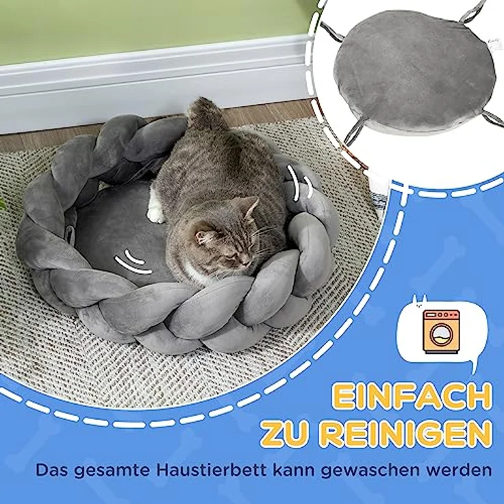 Pawhut Katzenbett waschbar, Hundebett, Hundekissen, Haustierbett, Katzenschlafplatz, Tiermatte, Hundesofa, Donut Kissen für kleine Hunde und Kätzchen, Samt, Ø60 x 18 cm, Grau – Bild 5