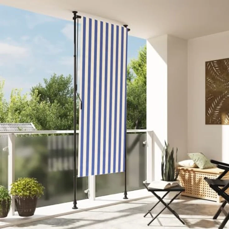 vidaXL Außenrollo, Senkrechtmarkise mit Kurbel, Einziehbar Sichtschutz für Terrasse Balkon, Sonnenschutzrollo, Blau Weiß 120x270cm Stoff Stahl – Bild 2