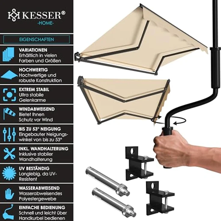 KESSER® Gelenkarmmarkise 300 x 250 cm, wasserabweisende Terrassenmarkise mit Wandhalterung, Neigungsverstellung und stabilen Gelenkarmen, beige – Bild 2