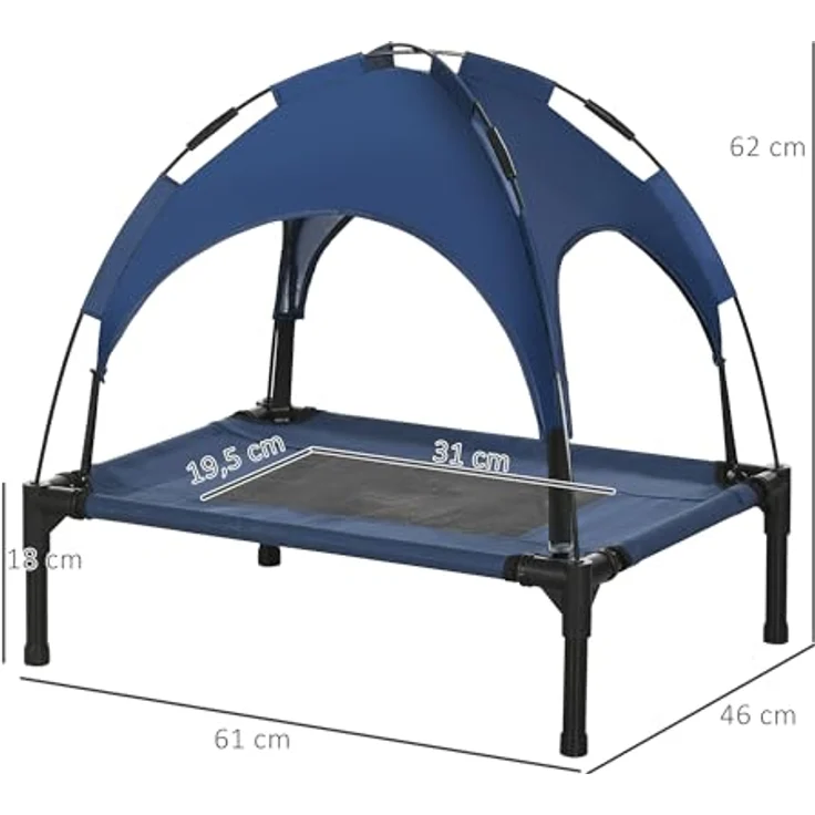 PawHut Erhöhtes Hundebett mit Baldachin, Haustierbett mit UV-Schutz, Hundeliege Outdoor mit Dach, Atmungsaktiv, Taftstoff für Camping Dunkelblau 61 x 46 x 62 cm – Bild 5