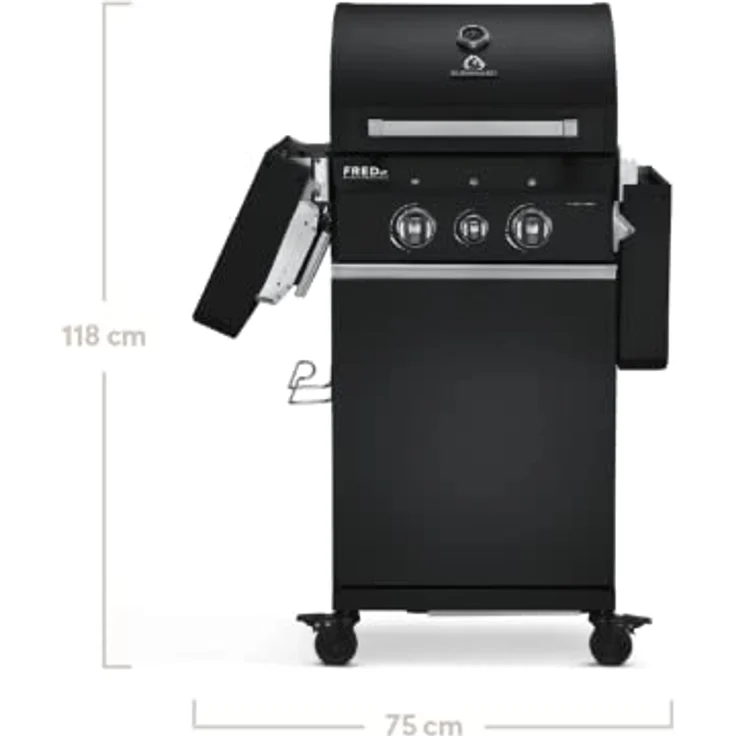 BURNHARD 2-Brenner Gasgrill FRED Jr. Deluxe BLACK 2023 inkl. 900°C Infrarot-Keramikbrenner, Gusseisen-Grillrost, Grillabdeckung, Grillwagen + klappbare Seitentische – Bild 3