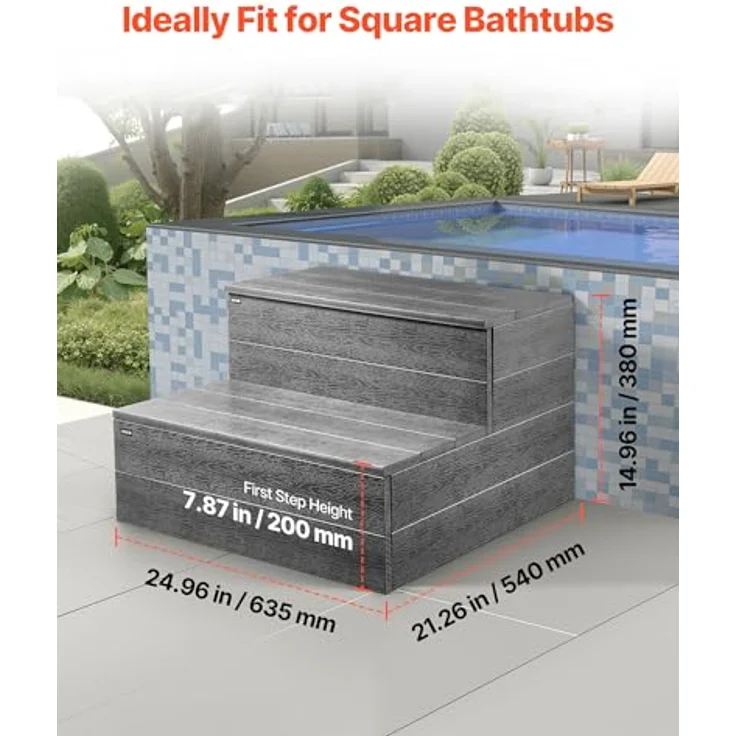 VEVOR Badewannenstufe Pooltreppe 2-stufige Außentreppe, 635 mm HIPS-Leiter mit 272,16 kg Tragkraft, Graphitgrau, für oberirdische/aufblasbare Pools, rutschfeste Trittflächen, leicht installierbar – Bild 5