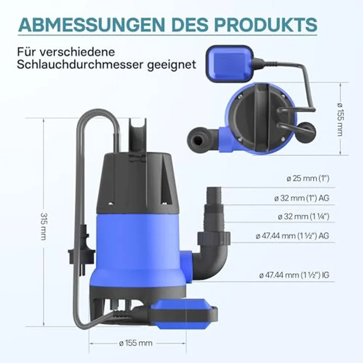 Wiltec Schmutzwasserpumpe 400 W 7500 l/h Tauchpumpe Gartenpumpe Brunnenpumpe Entwässerungspumpe, Leistungsstarke Schmutzwasserpumpe, hohe Fördermenge, robustes Kunststoffgehäuse, maximale Fremdkörpergröße 35 mm, einfache Handhabung und Installation – Bild 4