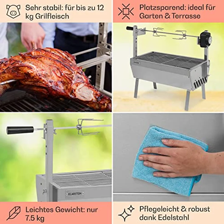 Klarstein Sauenland Mini, 2-in-1 Rotisserie Grill mit Motor, Edelstahl-Drehspieß und Grillfläche 55 x 29 cm, Holzkohlegrill mit Rollen – Bild 5
