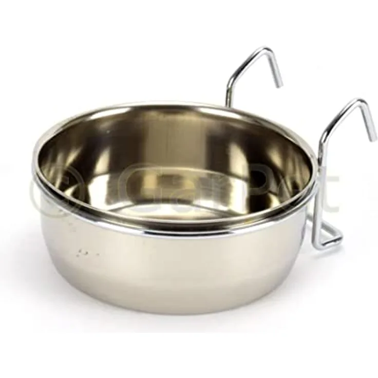 Edelstahlnapf zum Einhängen Schraub oder Hakenbefestigung Vogel Nager Hunde Napf (0,15 L mit Hakenhalterung)