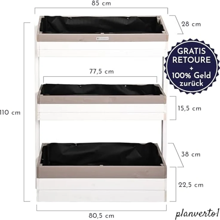 WONDERMAKE® Großes Design Vertikalbeet "planverto1", 3 Etagen aus Fichte-Holz, 85x38x110 cm, für Kräuter, Erdbeeren, Blumen, weiß grau anthrazit – Bild 4