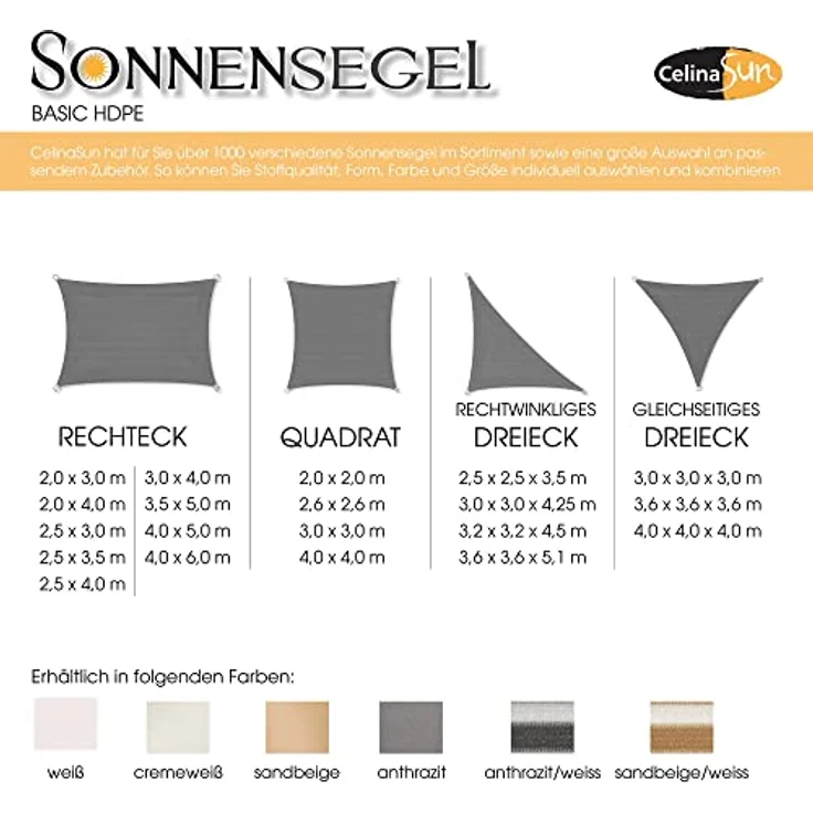 CelinaSun Sonnensegel inkl Befestigungsseile Basic Dreieck rechtwinklig 2,5 x 2,5 x 3,5 m anthrazit Sonnenschutz atmungsaktiv – Bild 4