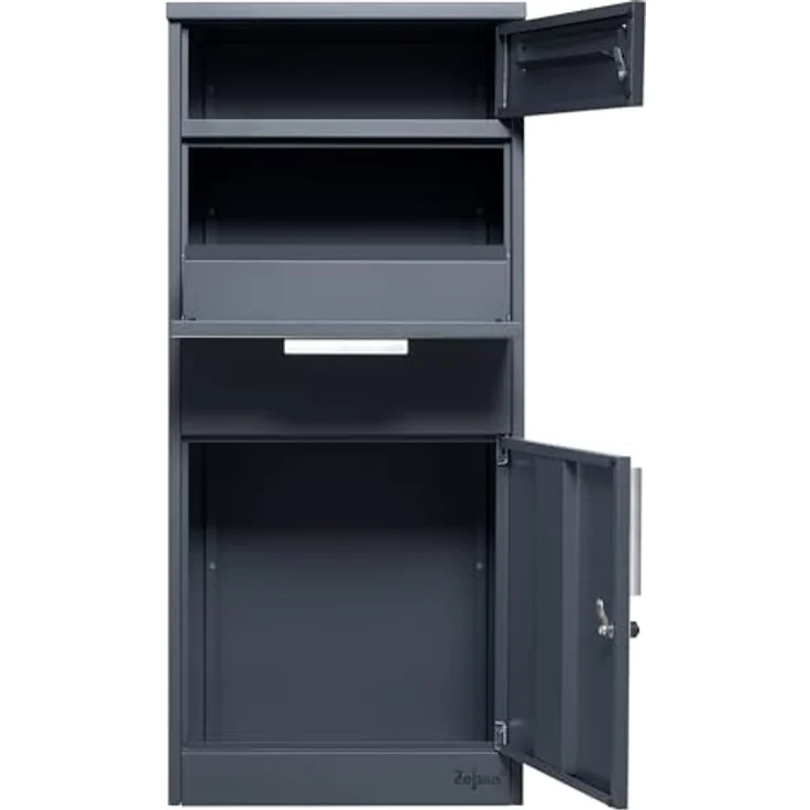 Zelsius Briefkasten mit Paketfach Terra | pulverbeschichteter Stahl mit Elementen in Holzoptik | RAL7016 Anthrazit | integrierte Rückholsperre | Bodenmontage | Paketbriefkasten, Paketbox, Parcel Box – Bild 3