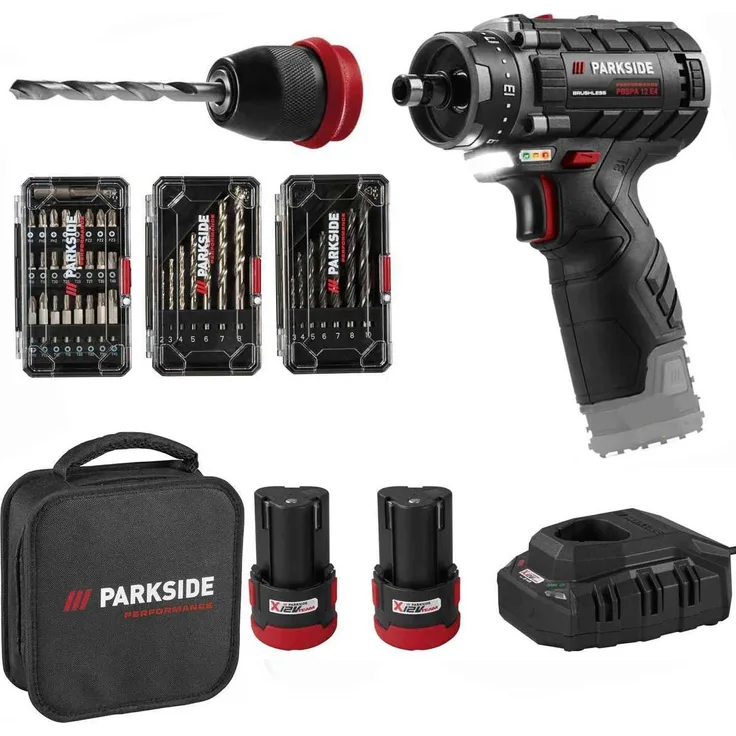 PARKSIDE PERFORMANCE 12 V Akku-Bohrschrauber-Starterset PBSPA 12 E4, bürstenloser Motor, 2 Akkus, 20 Drehmomentstufen, inkl. Bohrerset und Aufbewahrungstasche