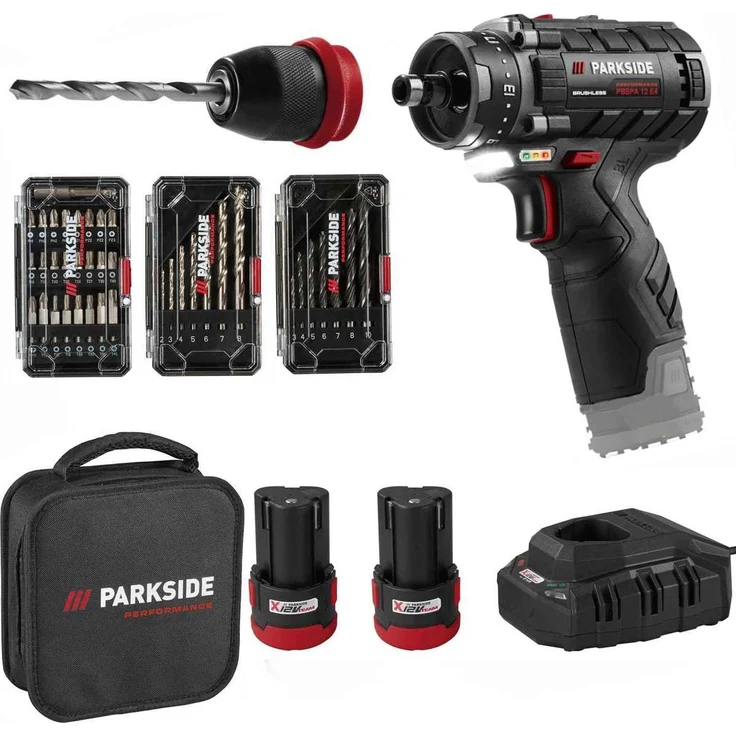 PARKSIDE PERFORMANCE 12 V Akku-Bohrschrauber-Starterset PBSPA 12 E4, bürstenloser Motor, 2 Akkus, 20 Drehmomentstufen, inkl. Bohrerset und Aufbewahrungstasche