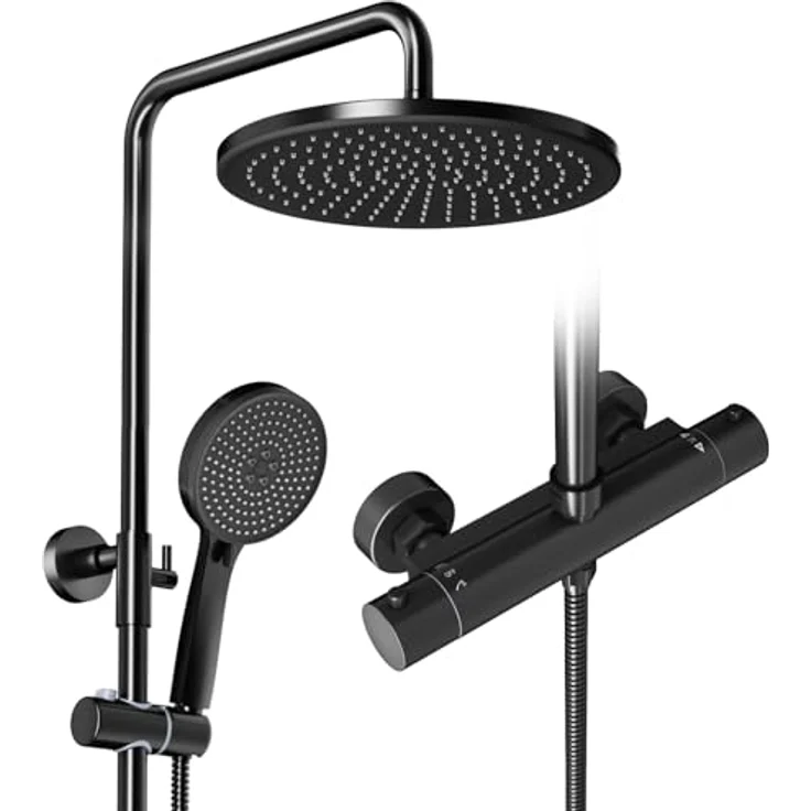 Rainsworth Duschsystem mit Thermostat, schwarze 30cm Rund Regendusche, 5 Strahlarten, höhenverstellbare Edelstahl-Duschstange – Bild 2