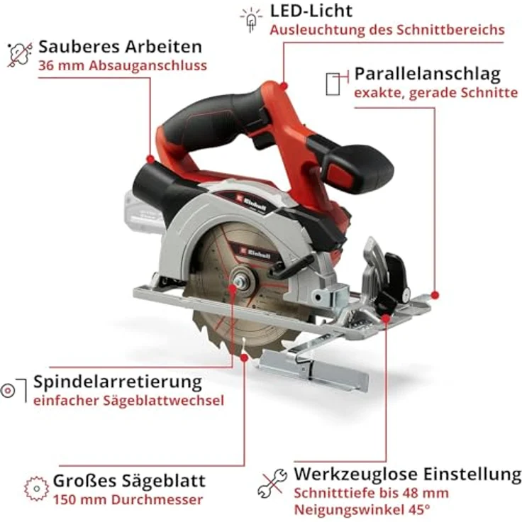 Einhell Akku-Handkreissäge TE-CS 18-150 Li-Solo Power X-Change PXC (18 V, Li-Ion, D150 x D10 mm Sägeblatt, Schnitttiefe + Neigungswinkel werkzeuglos einstellbar, LEDs, ohne Akku und Ladegerät) – Bild 3
