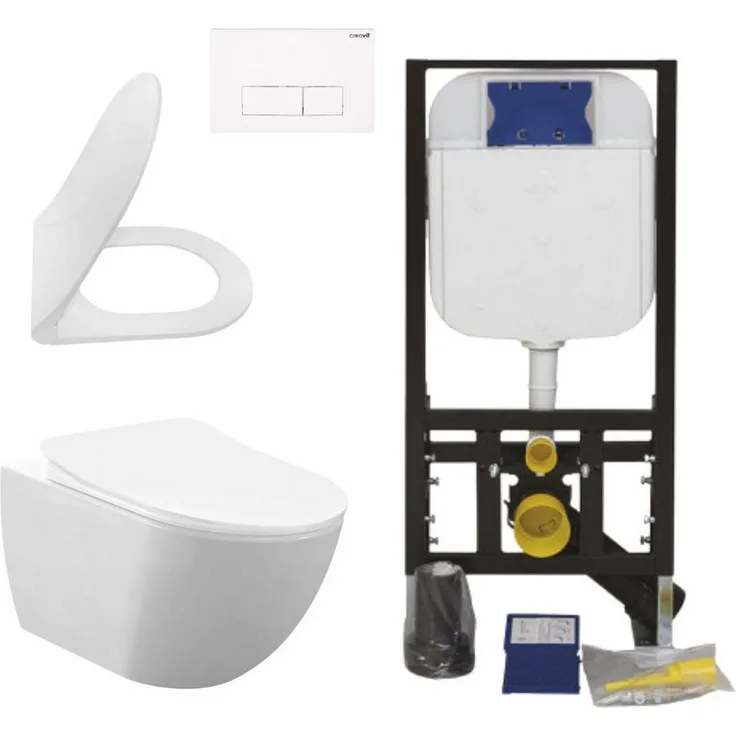 Creavit Tiefspül-WC CRV-FE322-0000-SET, Hänge WC Set Weiß spülrandlos Rim-Off 48,5 cm mit Softclose und Duroplast-Sitz