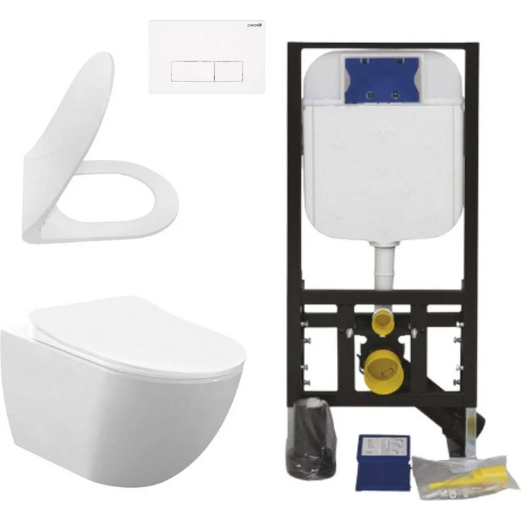 Creavit Tiefspül-WC CRV-FE322-0000-SET, Hänge WC Set Weiß spülrandlos Rim-Off 48,5 cm mit Softclose und Duroplast-Sitz