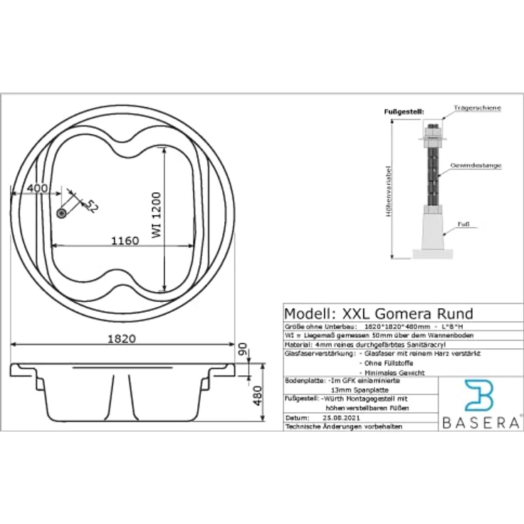 Basera® Whirlpool-Badewanne PREMIUM Indoor Podest-Whirlpool Badewanne XXL Gomera Rund 182 x 182 cm, weiß, mit 28 Massagedüsen, Heizung, Ozongenerator, Bodenansaugung – Bild 6
