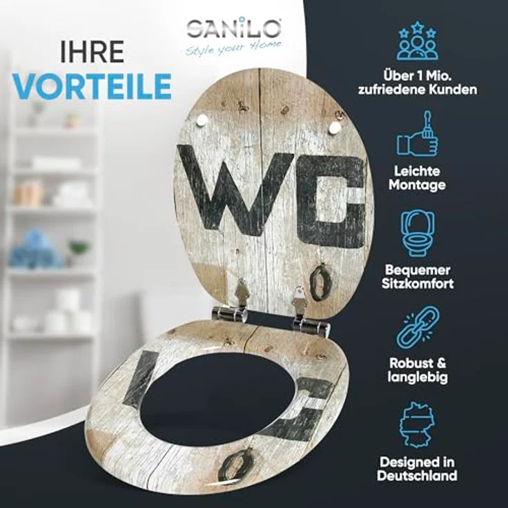 Sanilo WC Sitz Old Style, Toilettendeckel aus Holz mit Absenkautomatik und antibakterieller Oberfläche, 47 x 37,7 cm – Bild 2