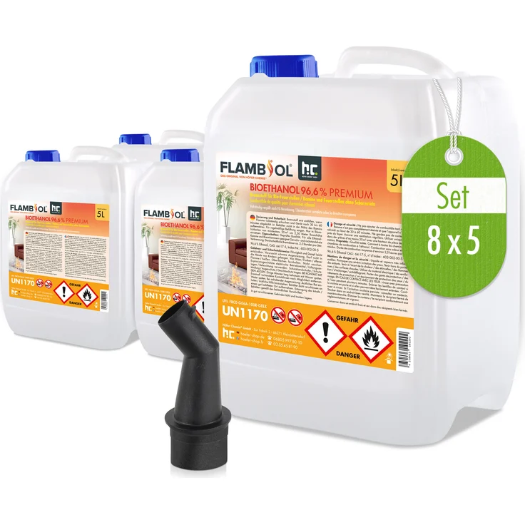 Höfer Chemie 8x 5L FLAMBIOL® Bioethanol 96,6% Premium für Kamine & Ethanol-Brenner, geruchsfrei & rückstandsfrei, handlich & qualitativ hochwertig