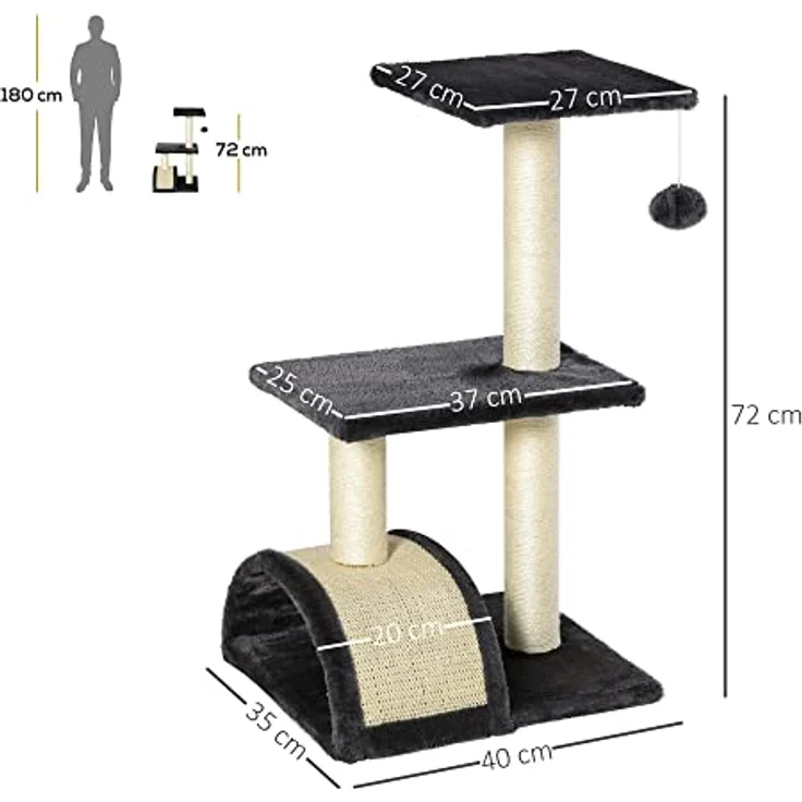 PawHut Kratzbaum mit Kratzbrett Katzenbaum Kletterbaum für Katzen E1 MDF Sisal Plüsch Dunkelgrau 40 x 35 x 72 cm - Preisvergleich – Bild 3