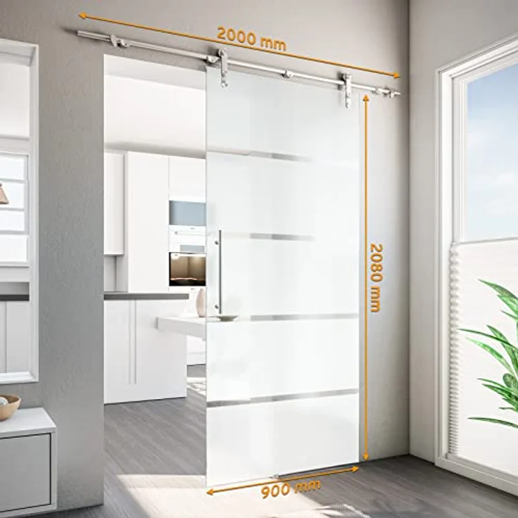 inova Glas-Schiebetür offene Schiene 900 x 2080 mm Blockstreifen Edelstahl Komplettset - ESG Sicherheitsglas, Milchglas satiniert, rahmenlos - Preisvergleich – Bild 3