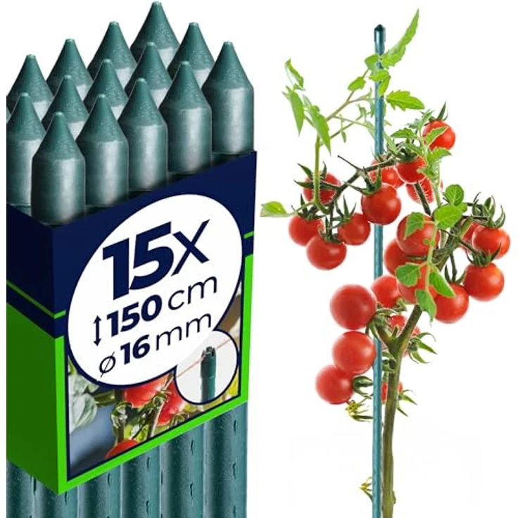 KADAX Pflanzstäbe 150 cm x 16 mm, 15er Set – Wetterfeste Stütze aus beschichtetem Stahl für Gartenpflanzen, stabil und rostresistent – Bild 1